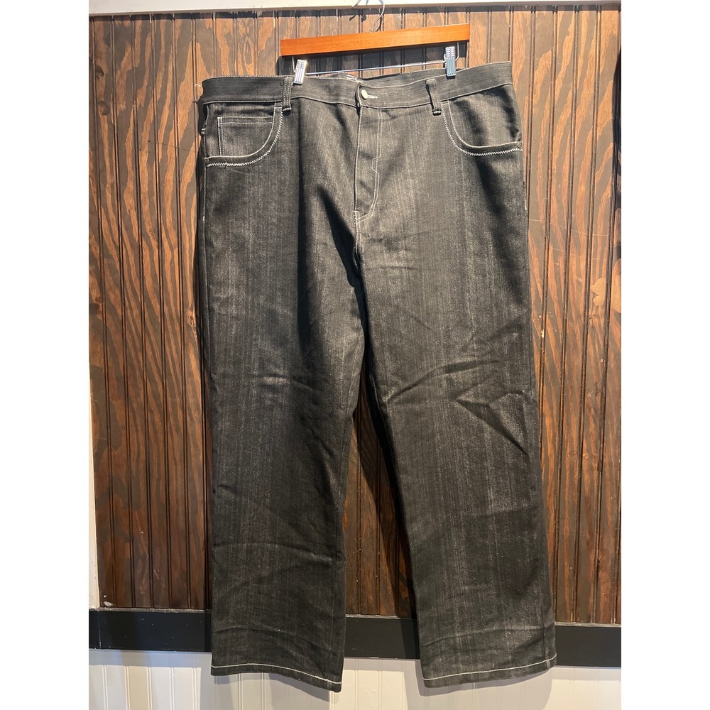 Mens Black Denim Straight Leg Jeans White Contrast Stitch 48x35 Streetwear